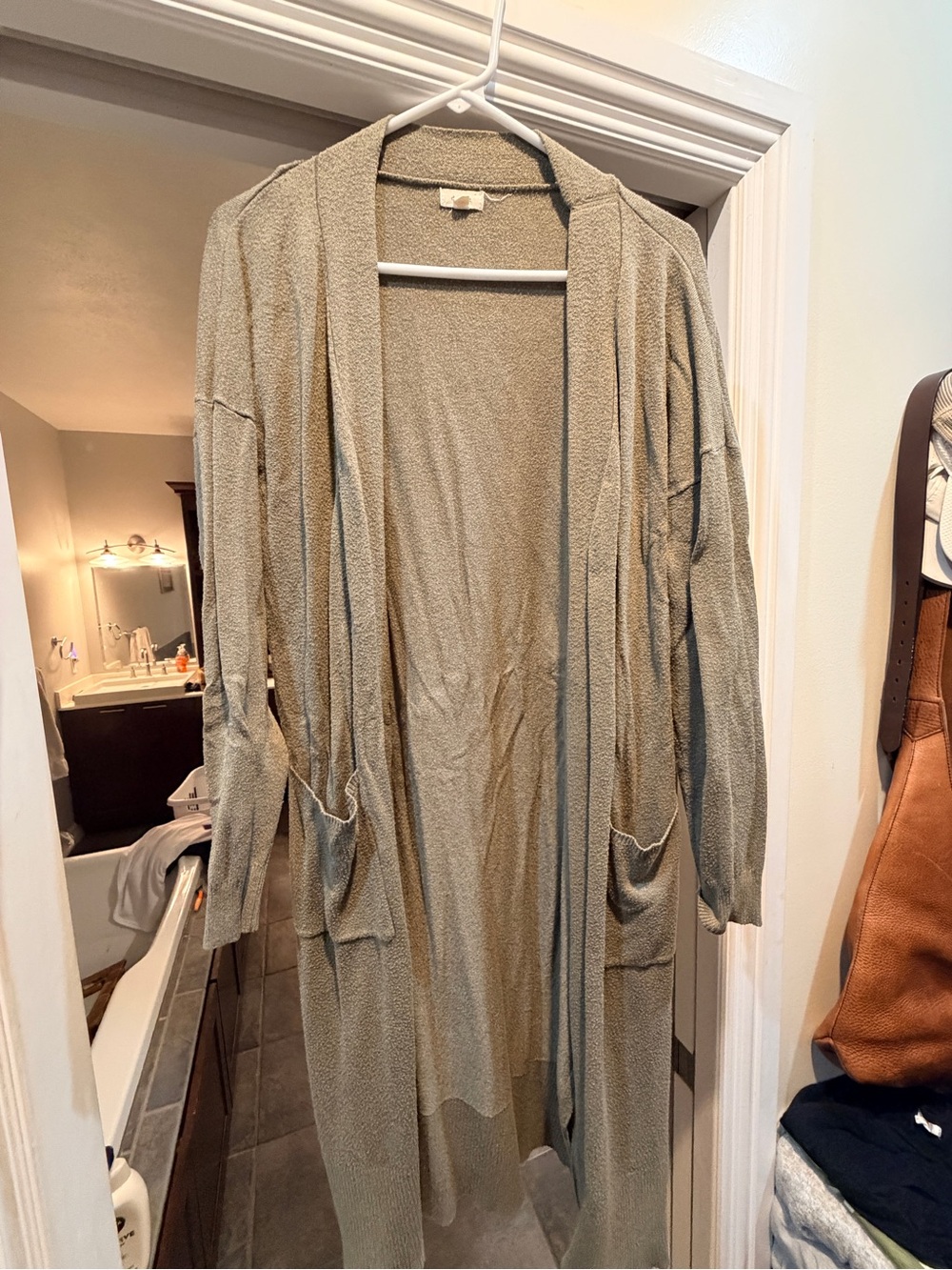 debut Long Open-Front Draped Cardigan in Sage Green